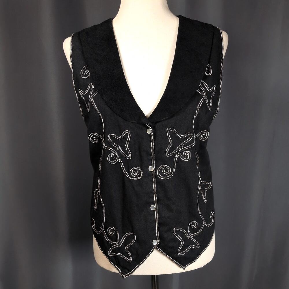 VTG Agapo Embroidered Cotton Black Western Cowgirl Pearl Snap Button Vest Small